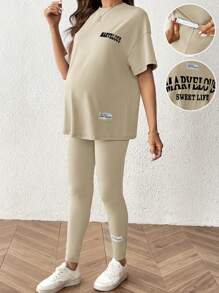 SHEIN 2pcs/Set Maternity Loose Letter Print Short Sleeve Top And Pants Suit - Apricot - View 1