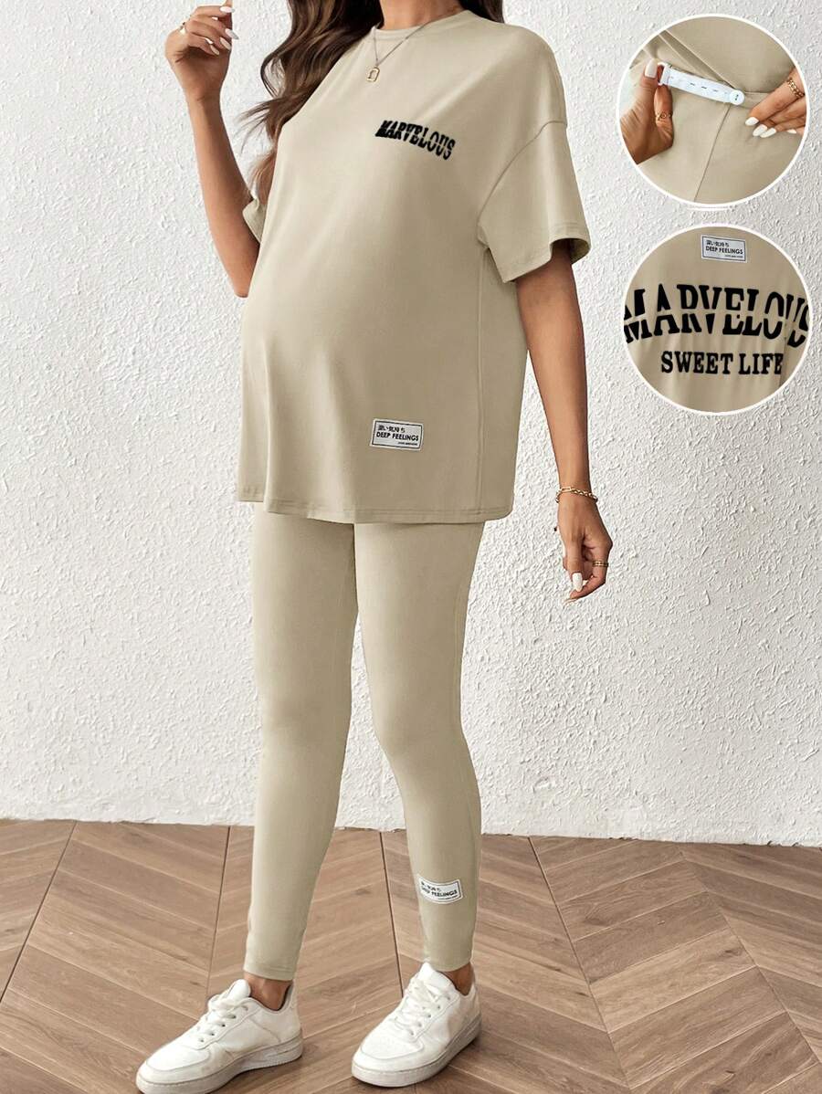 SHEIN 2pcs/Set Maternity Loose Letter Print Short Sleeve Top And Pants Suit - Apricot - View 1