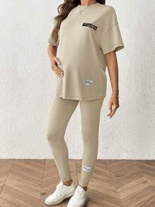 SHEIN 2pcs/Set Maternity Loose Letter Print Short Sleeve Top And Pants Suit - Apricot - View 6