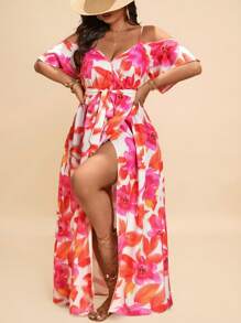 Travachic Plus Size Women Floral Print Off Shoulder Split Hem Vacation Dress Summer Outfits Beach Outfits For Woman Graduation Outfit Brunch Outfits For Women St Patrick Spring Break Rave Outfits Festival Elegant Vacation Outfits Woman Casau Western Cute Boho  Floral Beach Spring Clothes Brunch Outfits For Women Old Money Tropical Vacation Woman Clothes,Beach Dress Sundress,Holiday Outfits