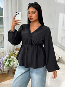 Solflare Plus Size Casual Commuter Plain Lantern Sleeve Shirt - Black - View 3