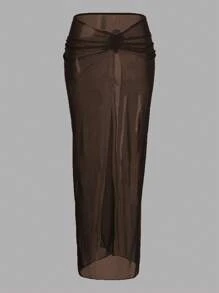 Swim Oasis 女士三件套沙滩装：露背两件套泳衣，透视长裙，性感优雅的白色搭配金色装饰配饰，露背设计，夏日度假风格 - 咖啡棕 - 查看 4