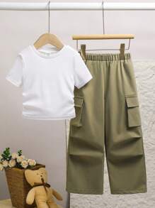 SHEIN 2pcs/Set Young Girl Knitted Solid Color Round Neck Pleated Top And Loose Casual Cargo Pants'