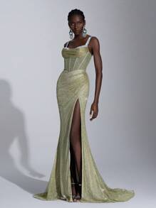 Elitara Elegant Luxurious Pearl & Sequin Splicing Elastic Net Ruffle Draped Neck Mermaid Slit Maxi Dress, Suitable For Wedding, Party, Single's Gathering, Vacation, Ball Gown (Heavy Design), Formal, For Evening, Wedding Guest Wedding Guest Dress - Elegant Floor Length Gown For Formal Occasion - Green - View 7