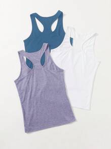 Gameset SHEIN Sport 3pcs Women's Solid Color Round Neck Racerback Athletic Tank Top, Summer - Multicolor - View 2