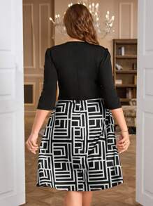 SHEIN Clasi Đầm midi thanh lịch họa tiết hình học tay lỡ cỡ lớn 3/4 cho nữ - Đen và trắng - Xem 2