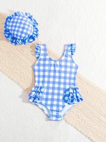 SHEIN Baby Girl Random Print One-Piece Swimsuit With Flying Edge, Includes Cap - Multicolor - View 5