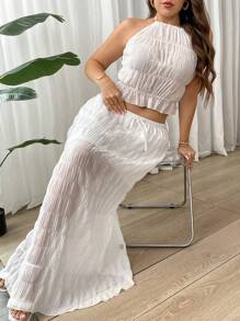 Firerie Set de 2 piezas para talla grande: Top de camiseta sin mangas de tela texturizada blanca y transparente con tirantes y falda larga holgada con opción de lazo y forro interior, elegante y apropiado para vacaciones, tardes de té, citas, conciertos, fiestas, estilo retro escolar, sesiones de fotos en la playa.