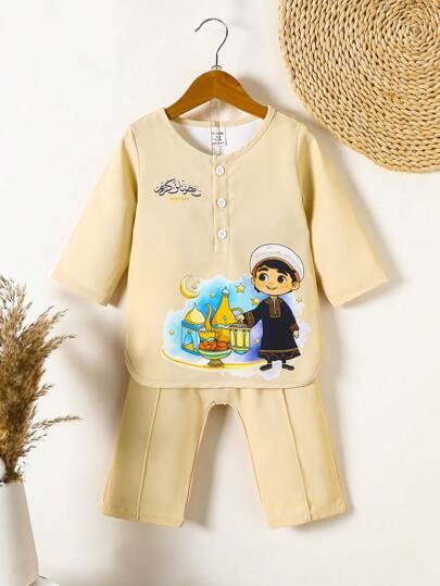 2 件装婴儿男孩传统休闲白色长袖圆领纽扣半襟长袍上衣和松紧腰长裤套装，长袍下摆圆下摆设计，阿拉伯长袍，伊斯兰服装，卡夫坦，沙特阿拉伯服装，斋月正式长袍，基本款式适合春夏日常室内户外、休闲、度假