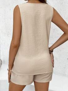 SHEIN Maternity Solid V-Neck Button Design Sleeveless Shirt & Adjustable Waist Shorts 2pcs Casual Sets Women Short Sets Casual 2 Pieces Set Summer Outfits For Women Short Outfits For Women Women Two Pieces Clothing