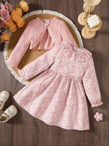 SHEIN 2pcs/Set Young Girl Floral Print Ruffle Trim Cardigan Jacket And Tiered Collar Dress - Pink - View 7