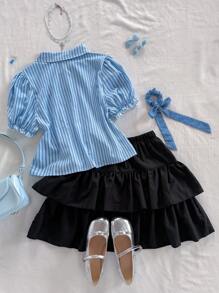 Teen Girls 2 Pieces Set: Bowknot Striped Ruffle Sleeve Blouse Top And Multi-Layered Cake Skirt, Princess And Sweet Feminine Style