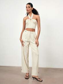 Maija 2025 春夏新款休闲时尚休闲舒适女士条纹裤 - 米色 - 查看 3