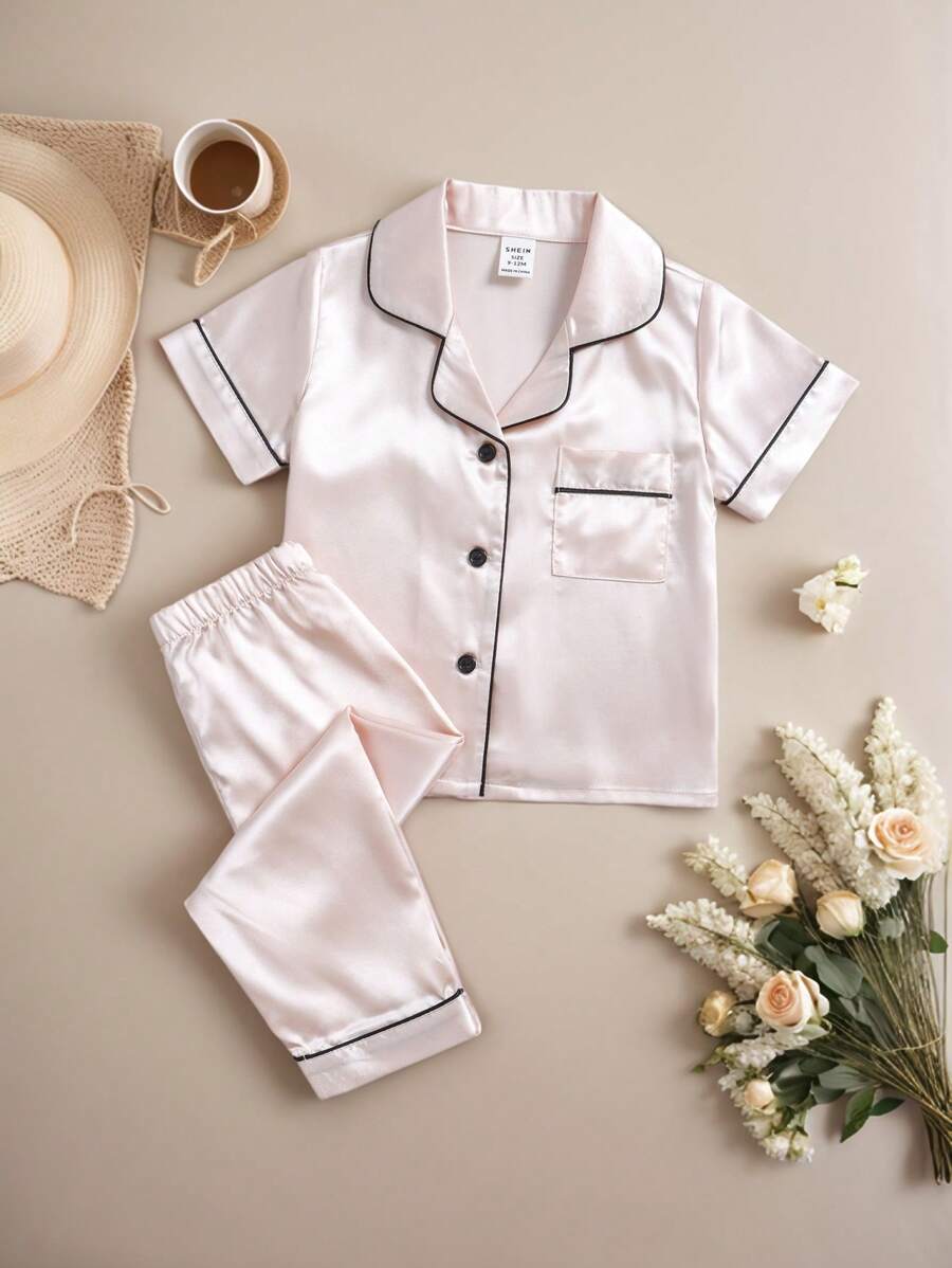 2 Pieces Set Baby Girls Spring/Summer Solid Color Short Sleeve Top And Pants Casual Comfortable Pajamas Baby Clothes Sets - Champagne - View 1