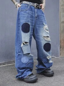 Manfinity EMRG Men's Casual Loose Fit Pockets Distressed Wide Leg Jeans - Blue - View 3