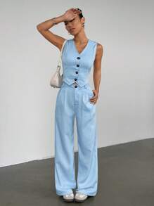 Flirla Casual Commuting Striped Vest And Long Pants Suit Set - Blue - View 4