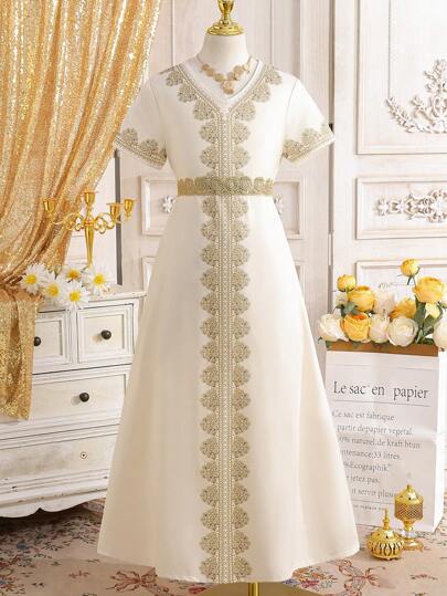 SHEIN Tween Girl' Long A-Line rundhalsad guldtryckt guldbälte aprikosklänning