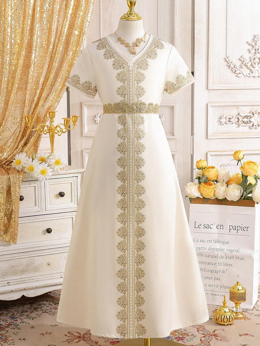 SHEIN Tween Girl 长款 A 字形圆领金色印花金腰带杏色连衣裙