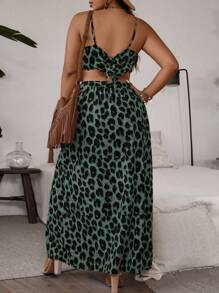 SHEIN VCAY 2pcs Plus Size Leopard Print Sling High Split Hem Skirt Set, Casual Holiday Outfit - Green - View 2