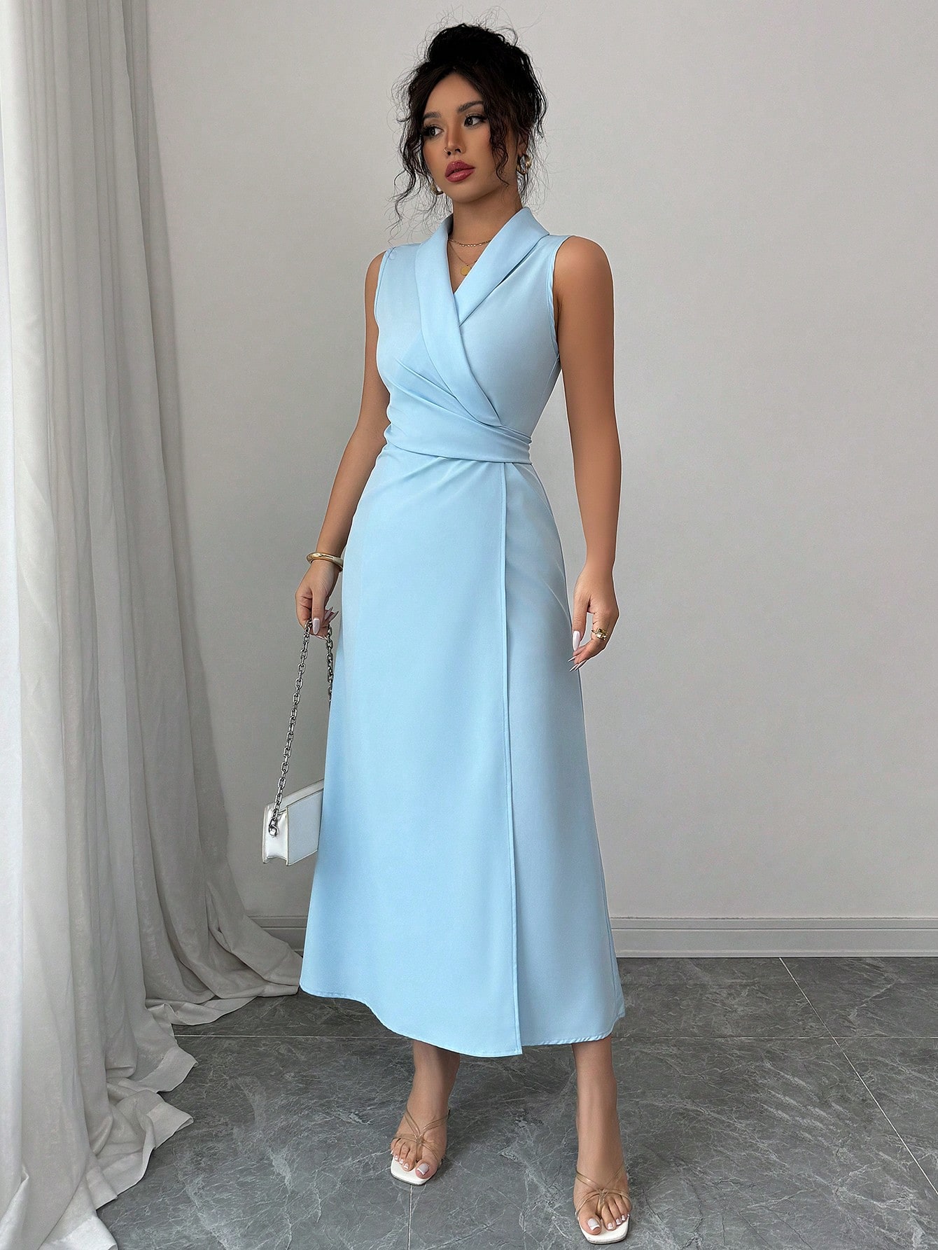 Elenzga فستان نسائي أنيق أحادي اللون بدون أكمام