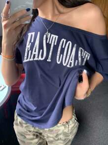 INAWLY Áo thun tay ngắn in chữ cổ bất đối xứng cho nữ cỡ lớn - Màu xanh lam - Xem 1