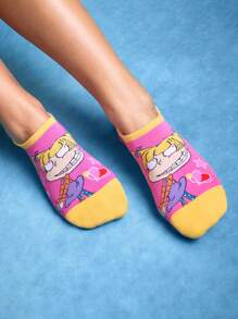 Nick 90s X SHEIN 3 Pairs Women Breathable Soft Boat Socks/Invisible Socks, Reinforced Toe And Heel, Wear All Seasons, Cute Cartoon & Contrast Color