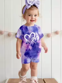 SHEIN Happikins Tie Dye Heart Pattern, Baby Girl Casual Minimalist Crew Neck Short Sleeve T-Shirt And Leggings Set, Suitable For Spring/Summer - Multicolor - View 1