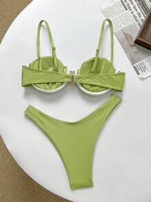 Solid Color Skinny Strap Underwire Spaghetti Strap Bikini Top And Bottoms, Women Summer Swimwear Set - Green - View 2