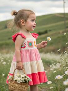 Cozy Pixies Vestido de bebé niña con cintura ceñida, ruedo con volantes, cuello cuadrado y parches de colores contrastantes