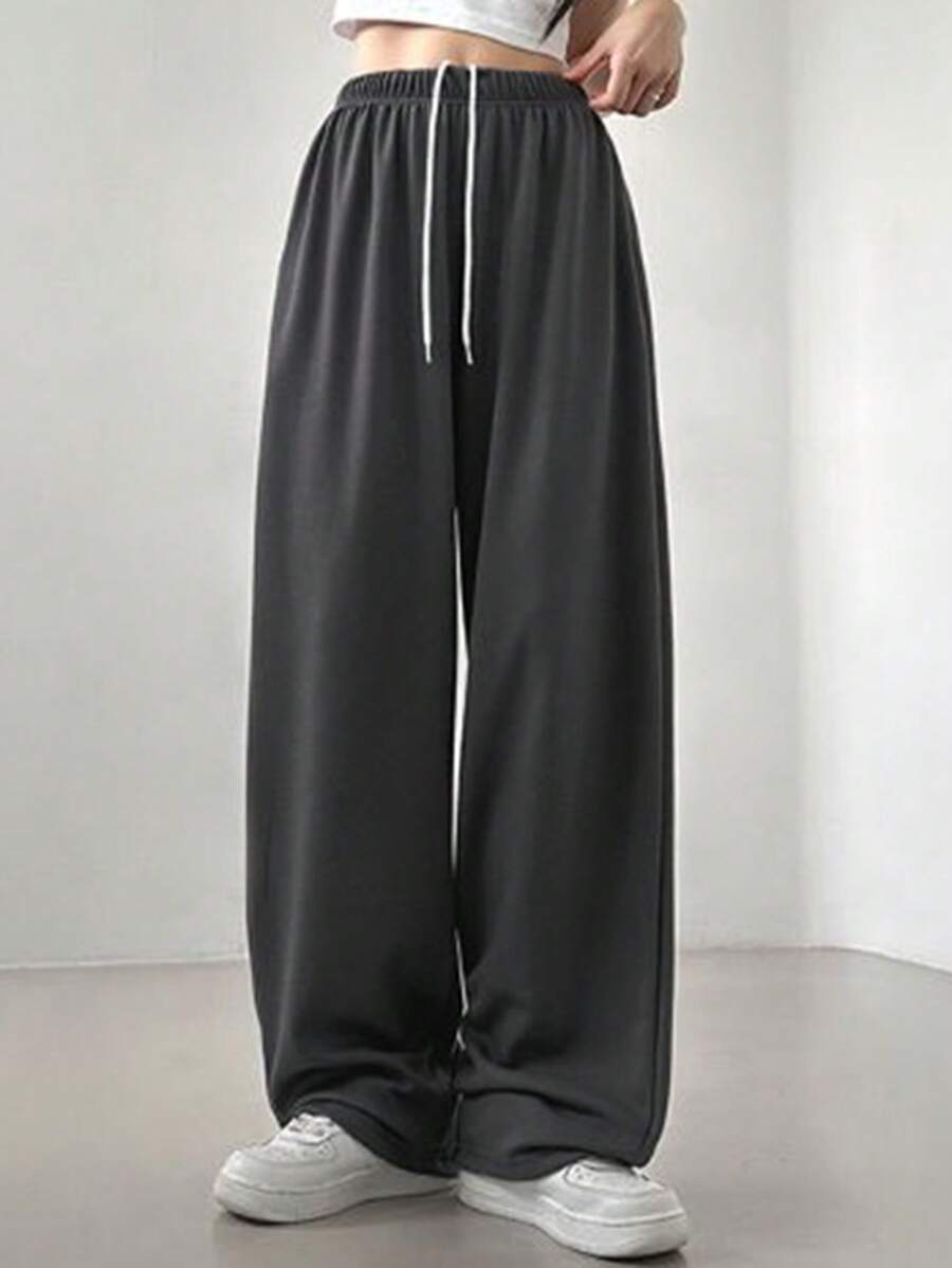 DAZY 女式抽绳腰宽松阔腿休闲运动运动裤女式慢跑裤 - 深灰色 - 查看 1