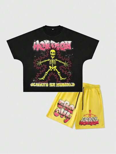 Street Life Loose Cropped Fit Skull Print T-Shirt & Shorts Set For Men