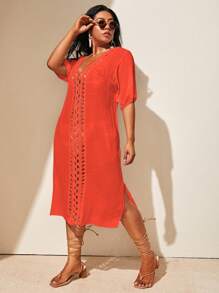 Swim Lushoire Vestido talla grande para cubrir traje de baño, de unicolor para vacaciones y playa - Naranja - Ver 3