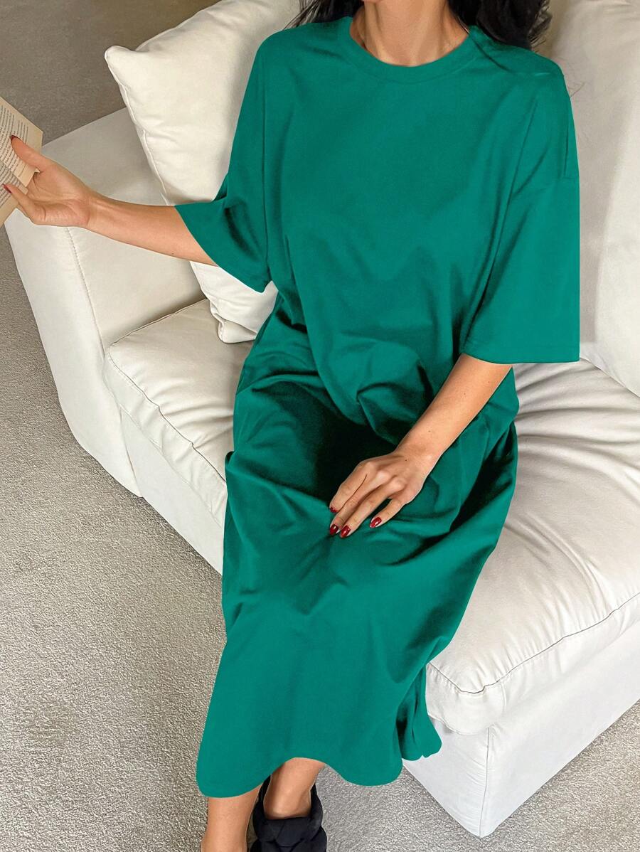 DAZY Simple Solid Color Loose Hem Slit Casual Lounge Dress, Moo Moo Pajama - Green - View 1
