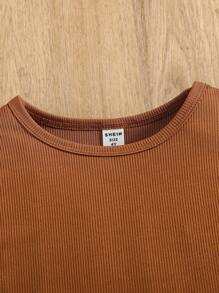 SHEIN 2pcs/Set Young Girls Solid Color Sleeveless Round Neck Top And Shorts Set - Khaki - View 4