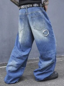 Manfinity EMRG Men's Casual Loose Fit Pockets Distressed Wide Leg Jeans - Blue - View 2