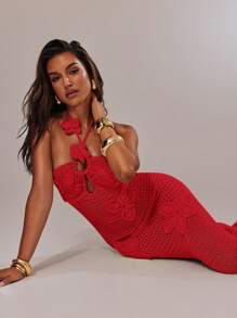 SHEIN BAE Women's Sexy Backless Halter Neck Maxi Knit Dress,Valentine's Day,Valentine Outfits For Women - Red - View 3