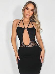 Zolique Ladies' Knitted Rope Lace Splicing Sexy Black Backless Dress - Black - View 6