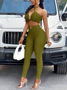 VaVaBold Metal Buckle, Sleeveless Top And Solid Color Pants Suit