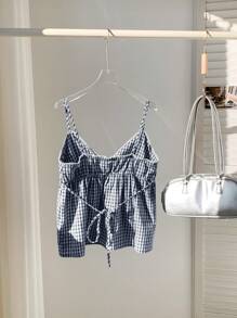 Comfortcana Women's Navy & White Plaid V-Neck Ruffle Camisole - Navy Blue - View 2