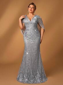 Serin Elegantes romantisches Maxikleid in Große Größen mit V-Ausschnitt, Luxus-Pailletten-Verzierung, Chiffon-Meerjungfrauen-Saum, Abendkleid für besondere Anlässe für Mütter