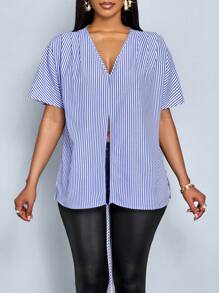 SOLERSUN Women's Stripe Print V-Neck Short Sleeve Crossed Design Blouse (Random Flower Print) - Blue - View 8