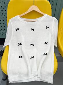 SHEIN EZwear Plus Size Women Crew Neck Short Sleeve Bow Decor Knit Top - White - View 3