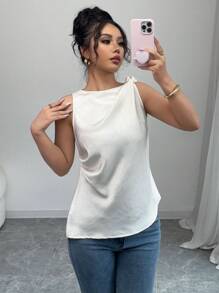 SHEIN Unity 女士休闲时尚不对称下摆扭结设计衬衫，百搭时尚上衣，适合春夏季 - 白色 - 查看 4