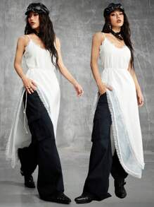 SHEIN EZwear Women's Summer  Festival Date Night Daily  Boho  Western Wear Lace White Midi Dress - White - View 8