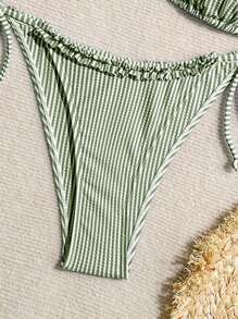 Swim Mod Women's Vacation Striped Nautical Patchwork Ruffled Tied Bikini Set For Summer - Army Green - View 7