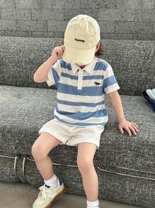 SHEIN Little Byeori 2pcs/Set Young Boys Casual Colorful Striped Collar Short Sleeve Polo Shirt And Solid Color Elastic Waist Shorts Outfit, Suitable For Kids Back To School, Birthday, Evening Party, Wedding, Daily Wear, Travel, Sports, Spring And Summer