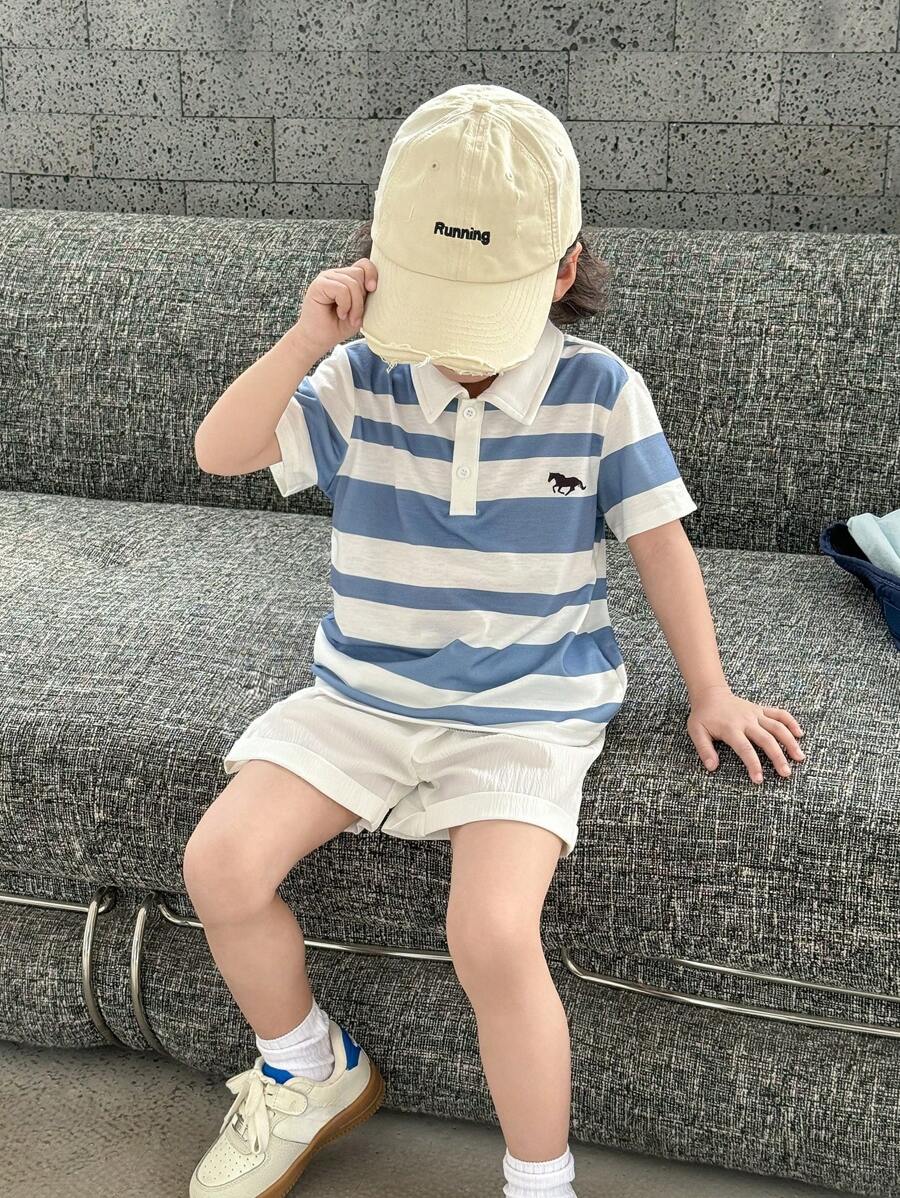 SHEIN Little Byeori 2pcs/Set Young Boys Casual Colorful Striped Collar Short Sleeve Polo Shirt And Solid Color Elastic Waist Shorts Outfit, Suitable For Kids Back To School, Birthday, Evening Party, Wedding, Daily Wear, Travel, Sports, Spring And Summer