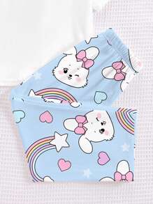 Completo casual casalingo per ragazza pre-adolescente, composto da maglietta a maniche corte e pantaloni, con design carino di coniglio e fiocco, colore azzurro, adatto per l'estate