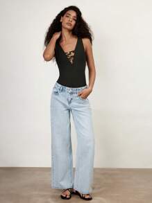 Maija 2025 Spring/Summer New Fashion Casual Vacation V-Neck Lace Patchwork Bodysuit, Comfortable For Women, Suitable For Music Festival, Beach, Vacations, Daily Casual, Romantic City Outings, Weddings, Graduations