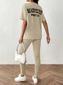 SHEIN 2pcs/Set Maternity Loose Letter Print Short Sleeve Top And Pants Suit - Apricot - View 2